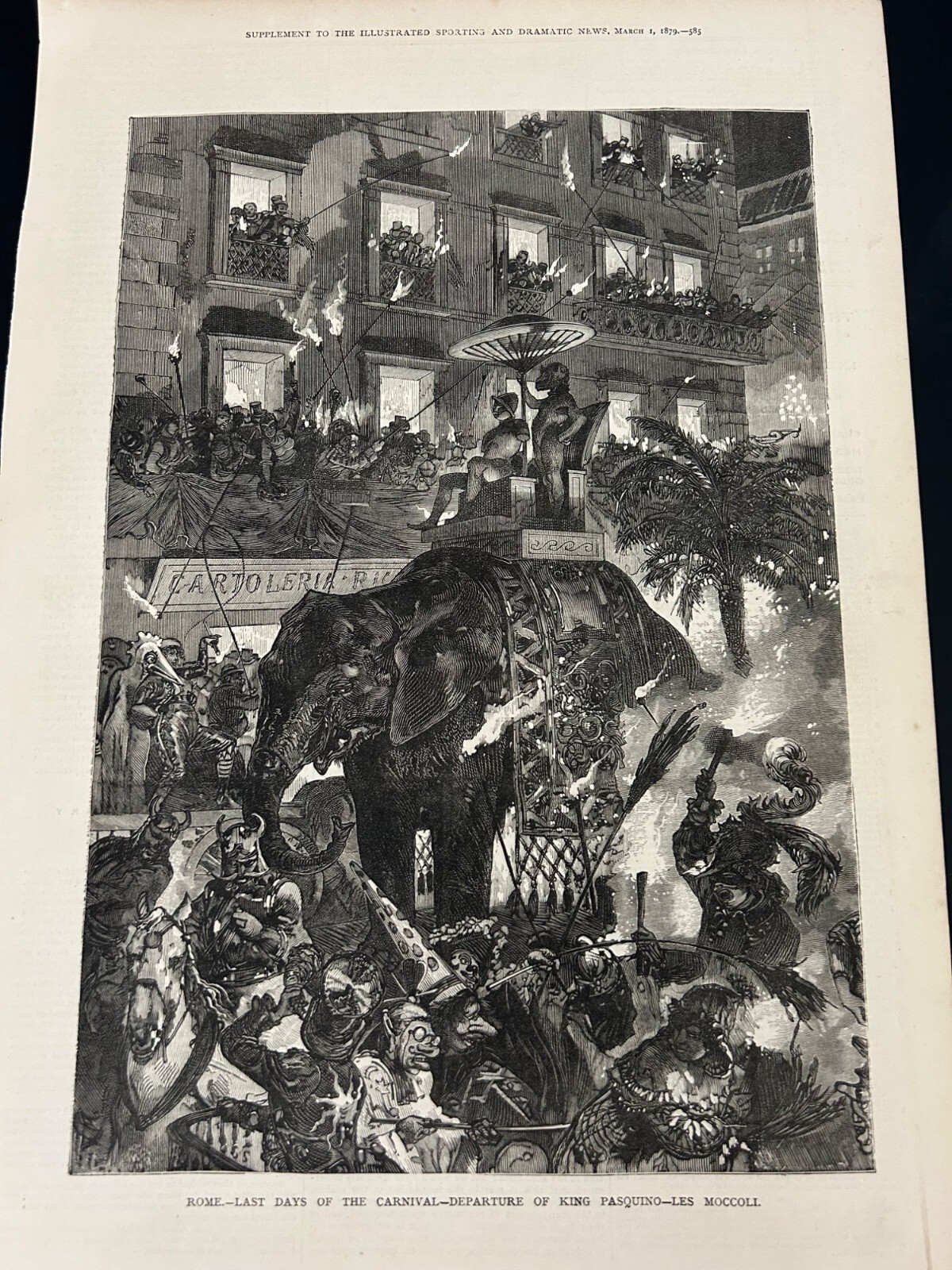 Antique 1879 Engraving Of Romes Carnival Featuring King Pasquino On Elephant