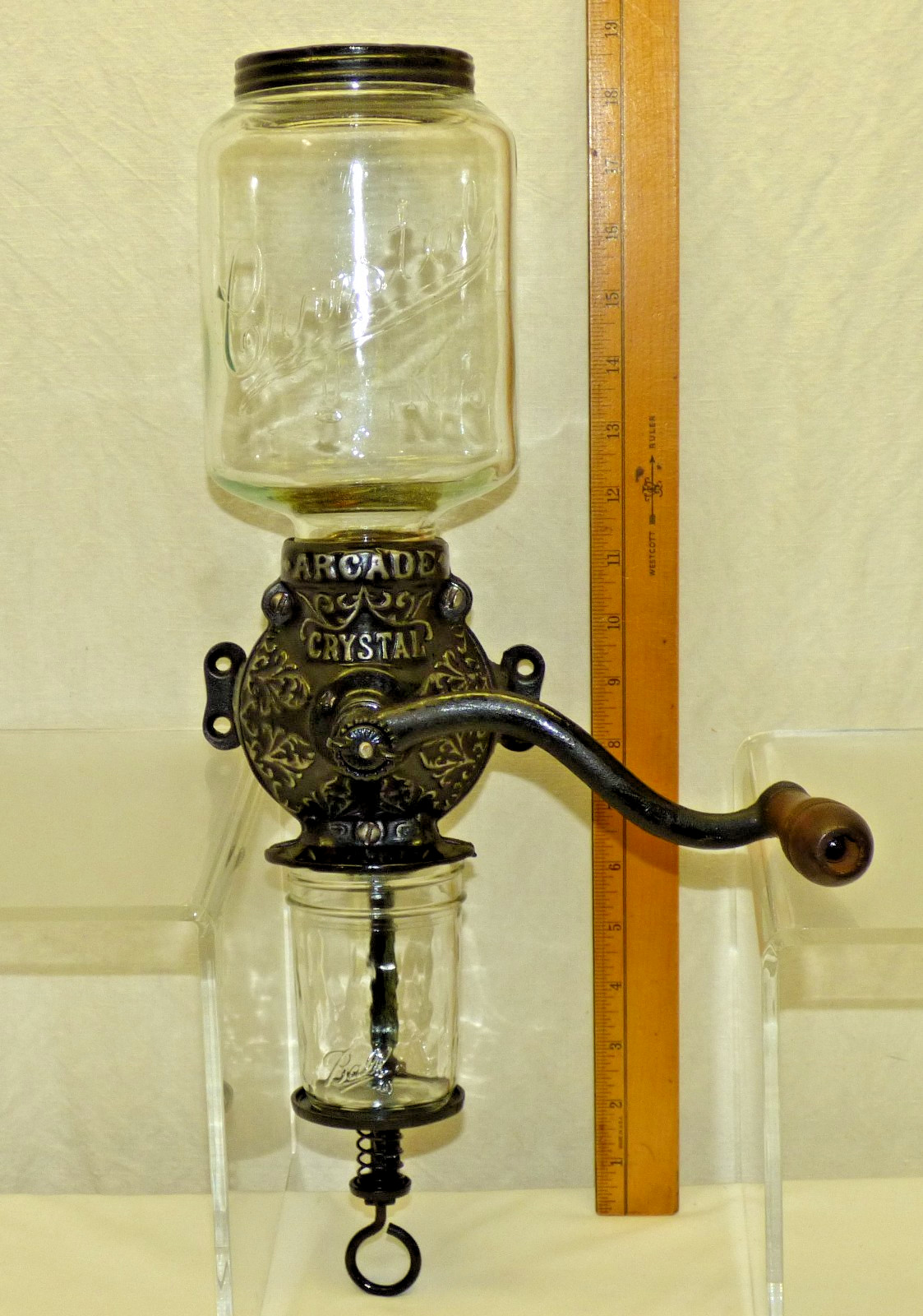 Antique ARCADE Crystal No.3 COFFEE GRINDER Wall Mount Glass Cast Iron Hand Crank