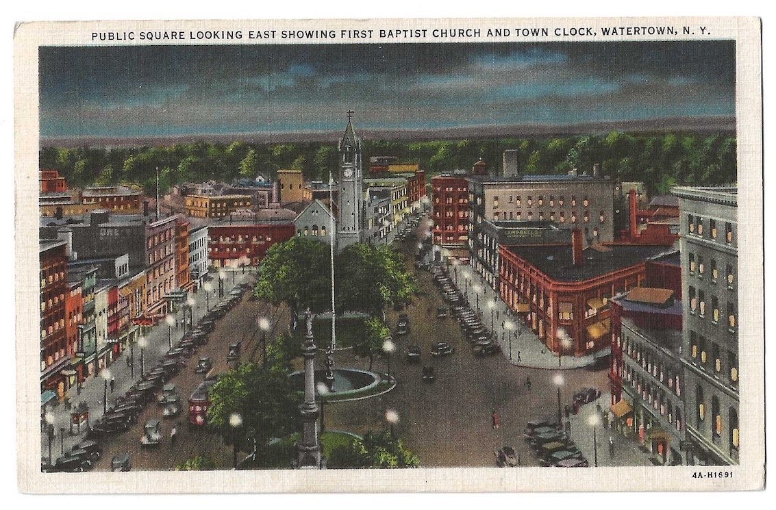 Watertown New York c1930\'s downtown Public Square, business district, night Watertown New York c1930\'s downtown Public Square, business district, night