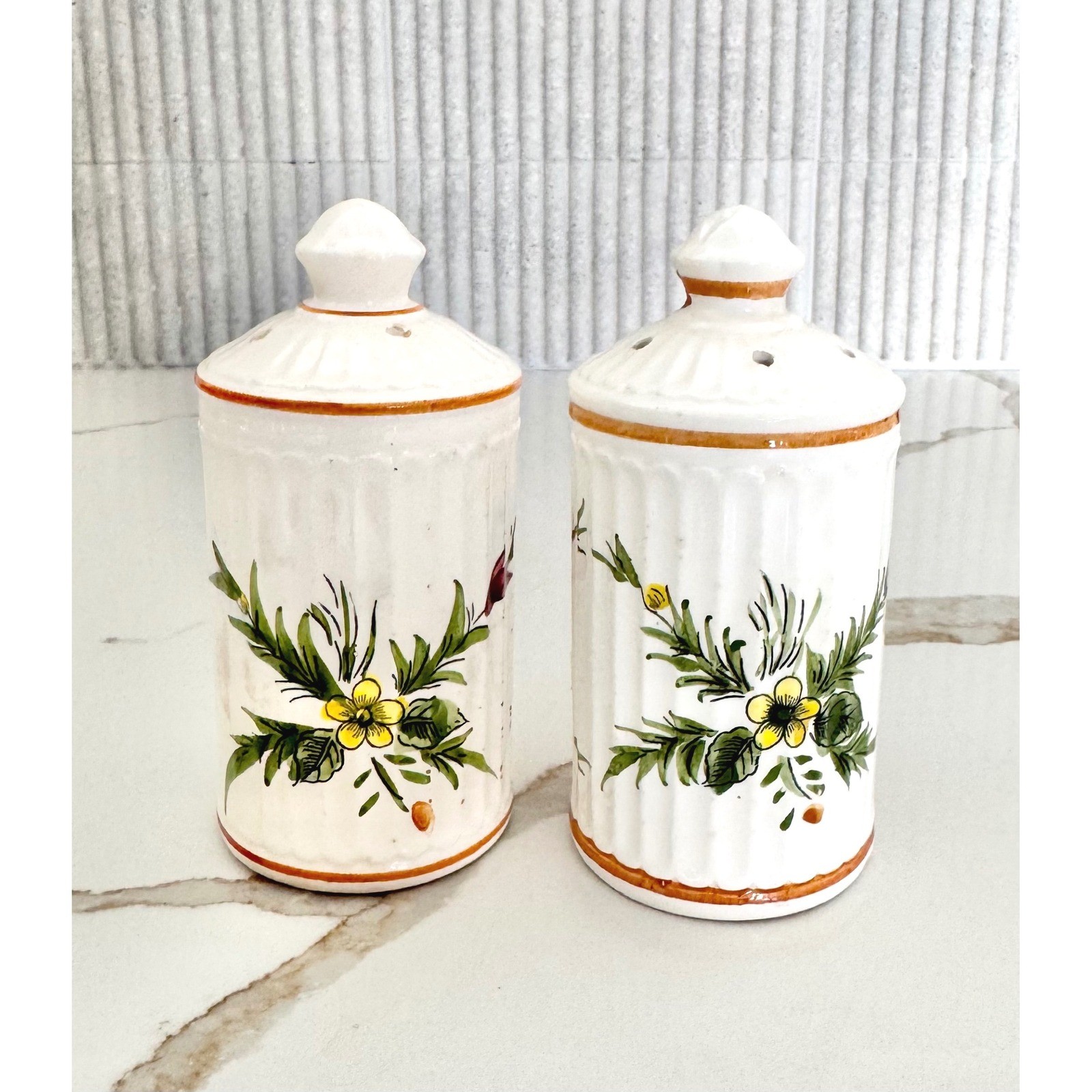 Rare Vintage Salt and Pepper Shakers Porcelain Hand Painted Floral Fluted Pair