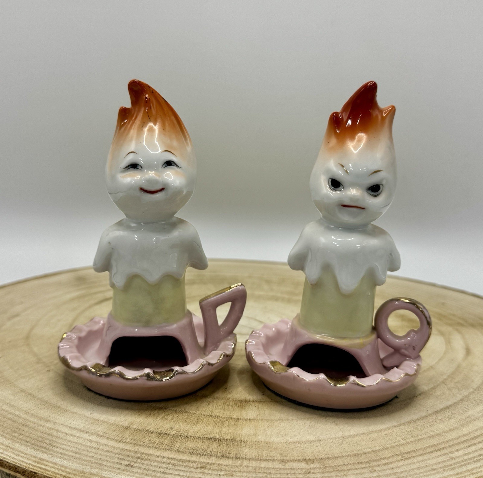 RARE HTF PAIR Vtg Ucago Anthropomorphic Flame Candle Ashtray Japan Kitschy CUTE