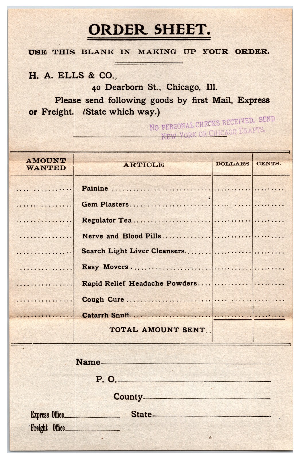 Original Early 1900s - H.A. Ells & Co Order From - Chicago, Illinois