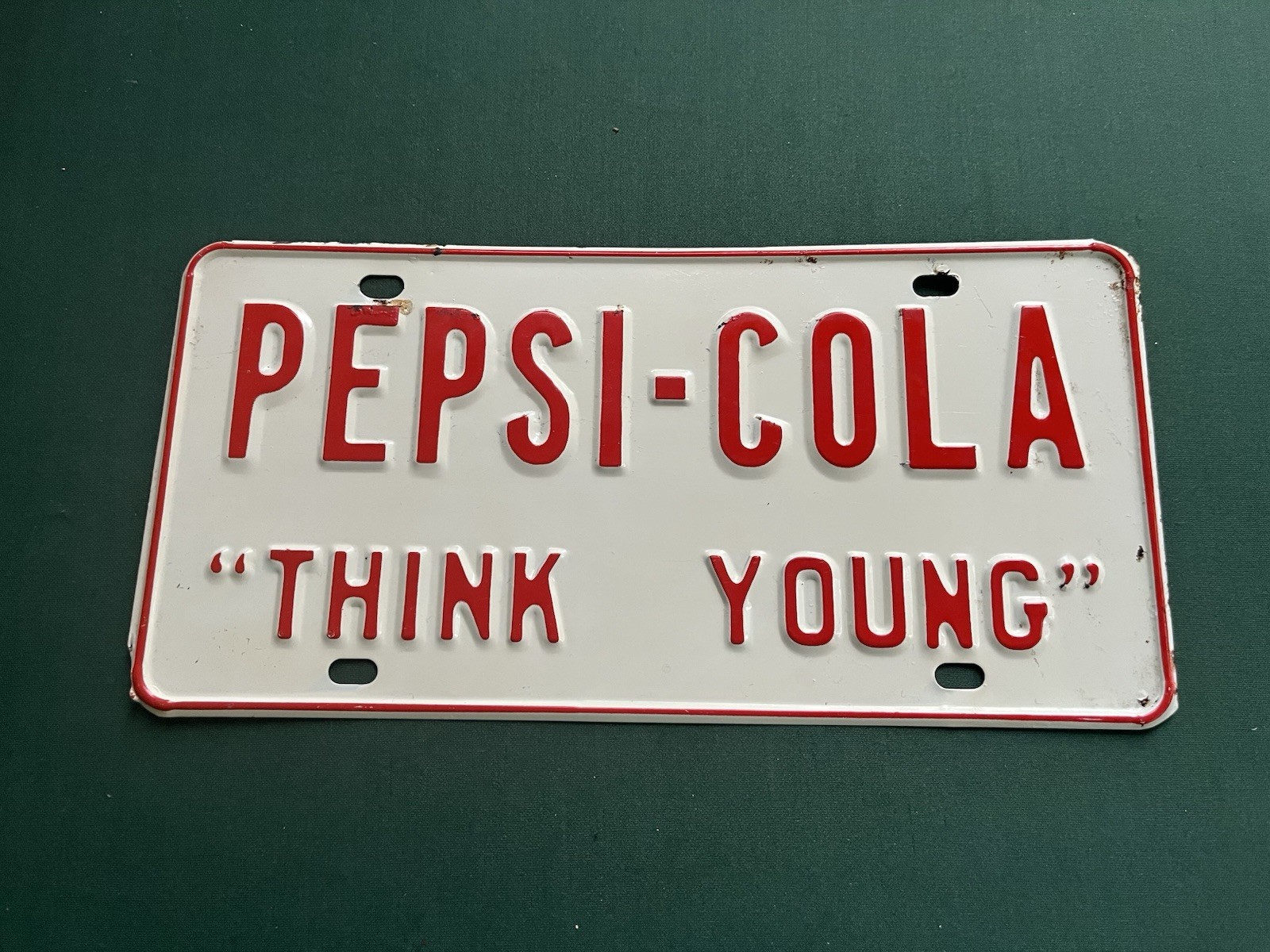 1964 Pepsi-Cola Think Young Metal Enamel License Plate Tag Rare Excellent Condi
