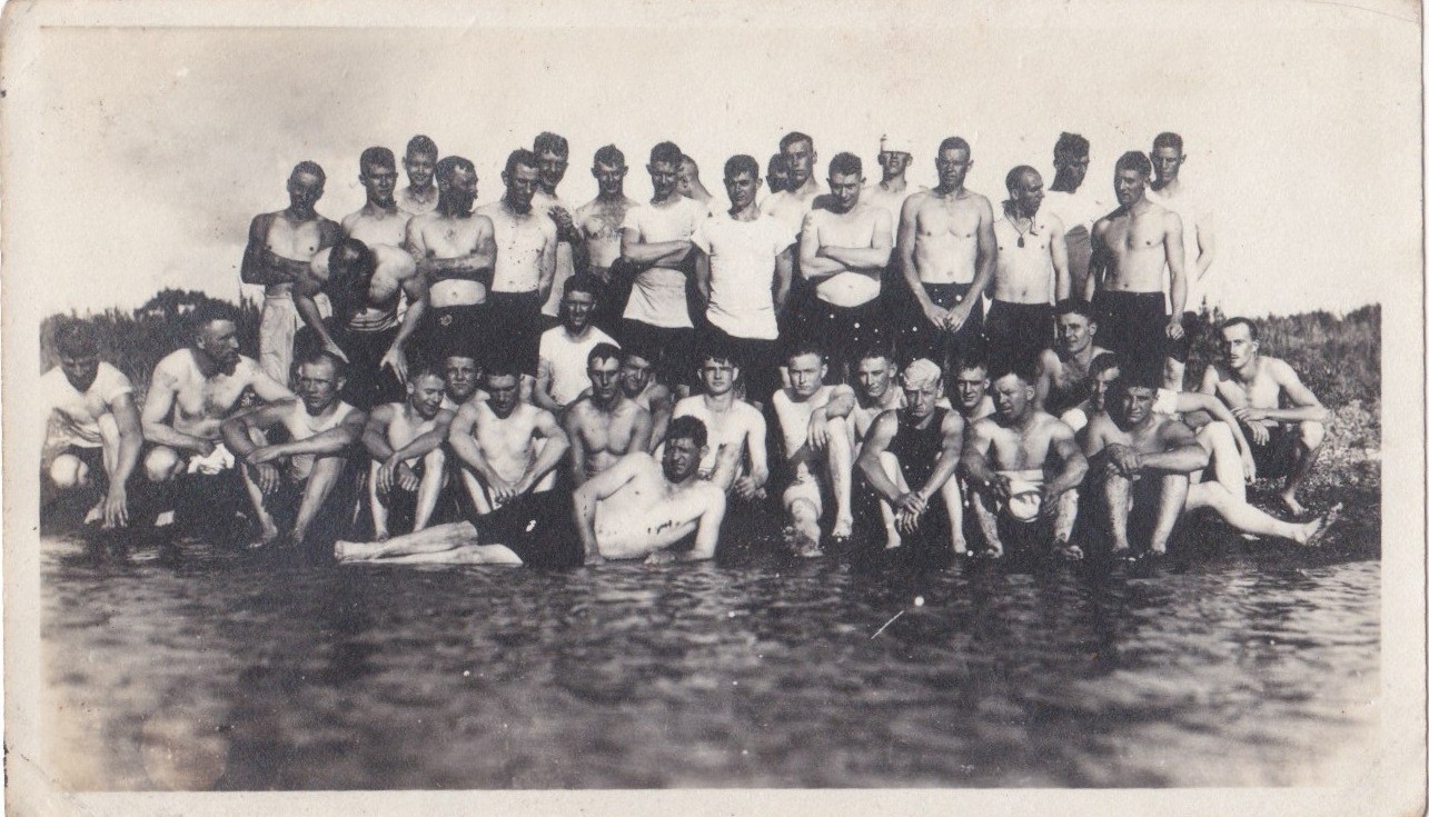 Vintage photo - Handsome guys socialize shirtlessly, pre-swim - Gay interest