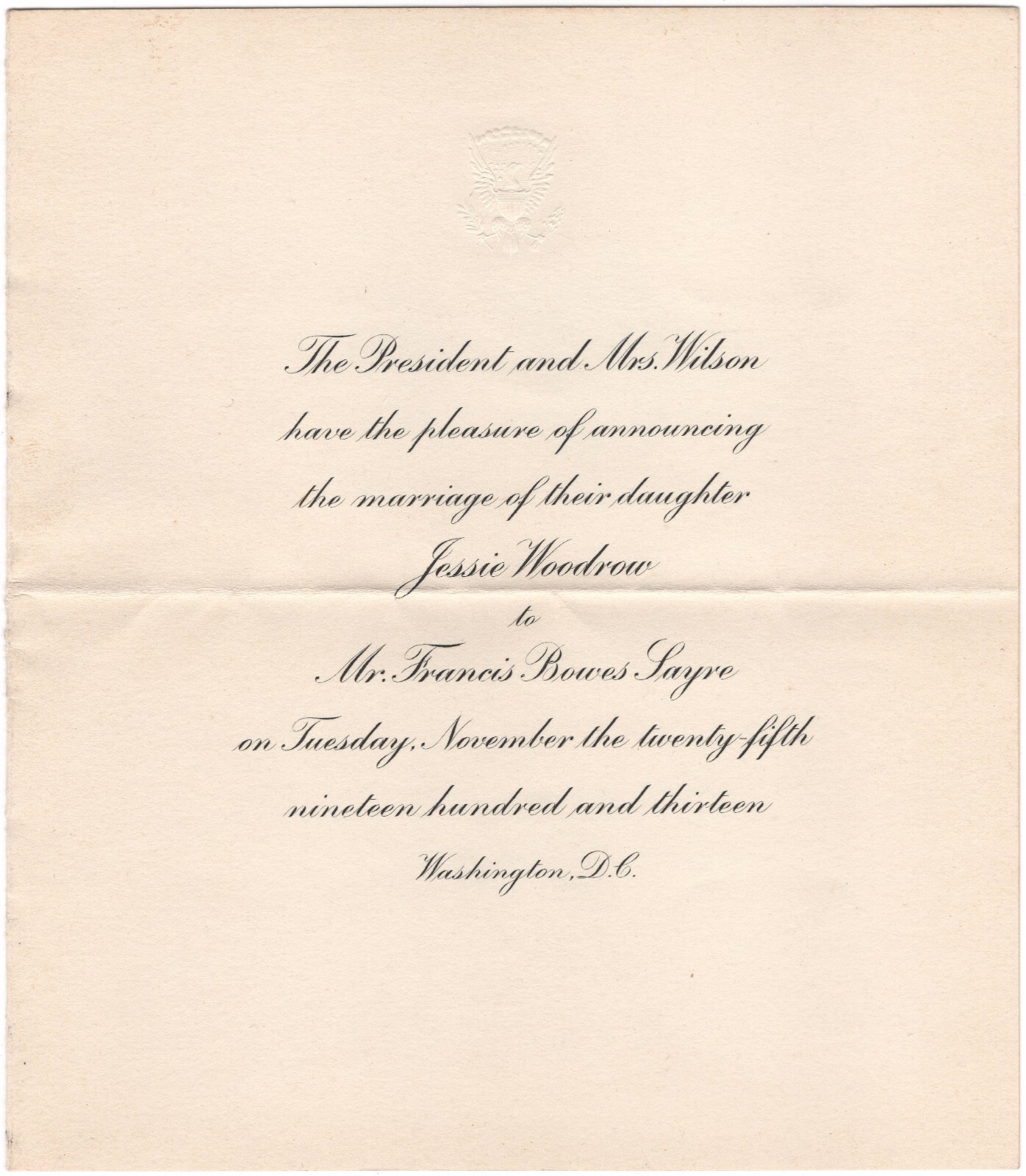 Invitation from Pres. Woodrow Wilson for His Daughter\'s Wedding at White House