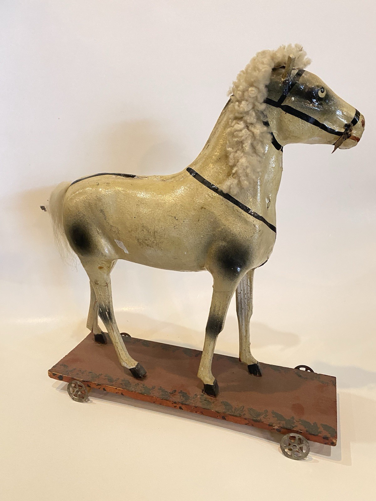 Rare Vintage German Horse Figure Paper Mache Wood Fur 19th Century Pull Toy Folk
