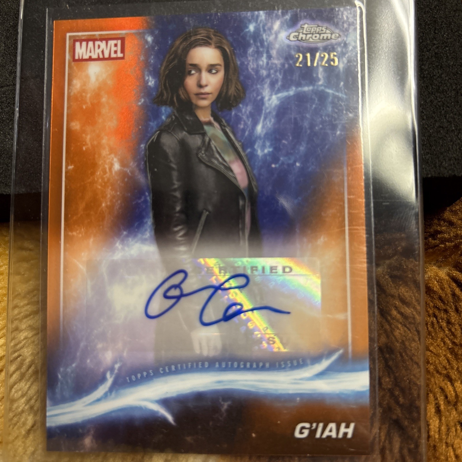 2025 Topps Chrome Marvel Studios Emilia Clarke G'iah Orange Refractor Auto 21/25