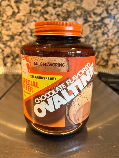 Vintage Unopened 1979 Ovaltine75th Anniversary Amber Glass Jar with Metal Lid