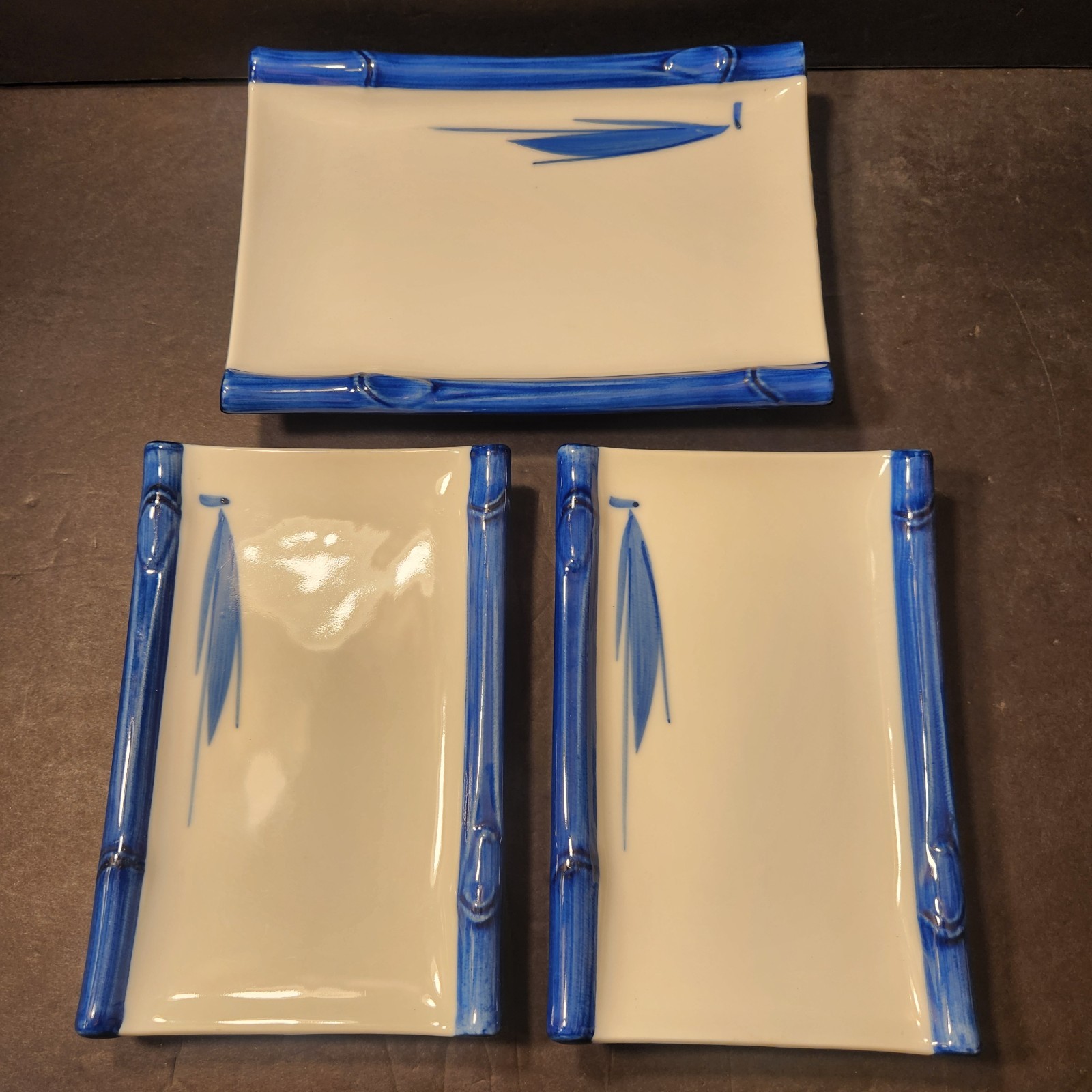Vintage Kafuh Japan Porcelain Sushi Plates Set 3 Blue White Bamboo Rectangle Vintage Kafuh Japan Porcelain Sushi Plates Set 3 Blue White Bamboo Rectangle