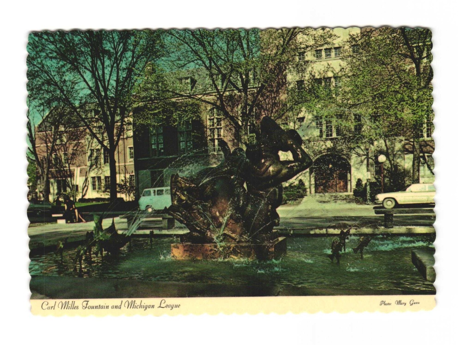 Carl Milles Fountain & Michigan League Univ of MI Ann Arbor VTG postcard UNP