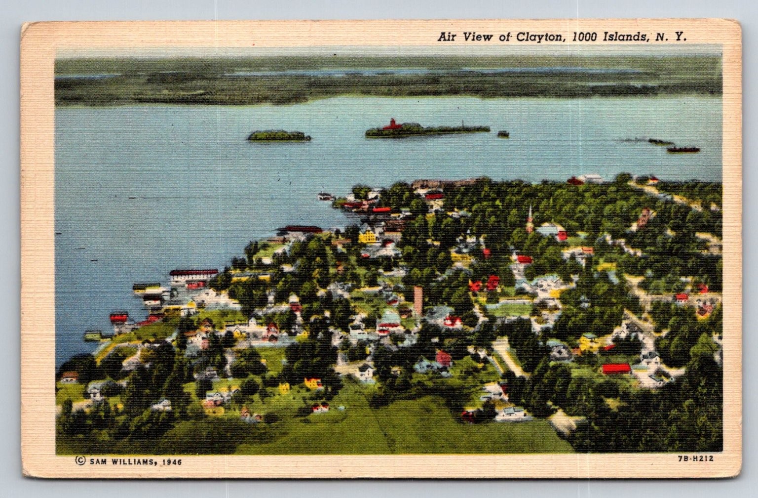 Vintage 1946 Clayton NY 1000 Islands Aerial View Linen Postcard Posted