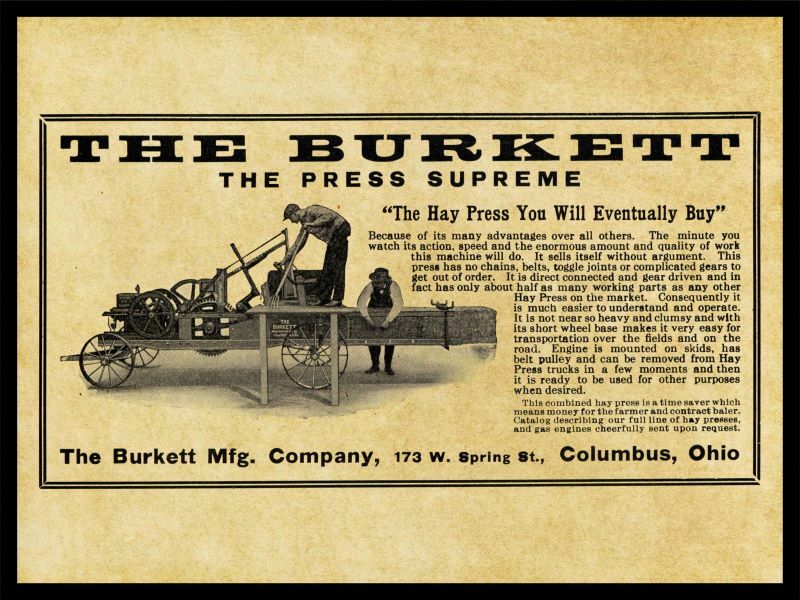 1915 Burkett Hay Press Columbus OH NEW Metal Sign 24\