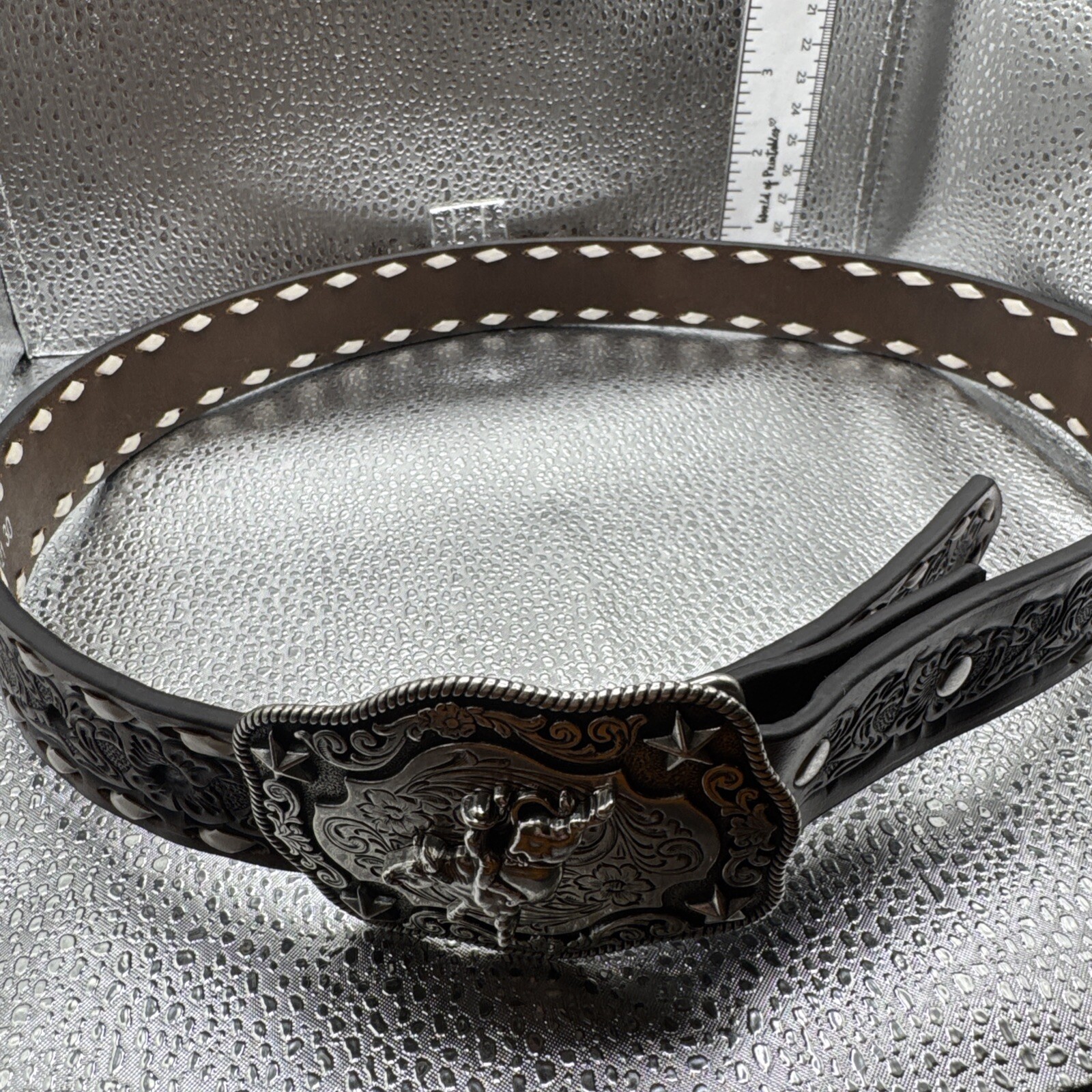 Brown Leather Nocona Brand Belt With Bucking Bronco Buckle Size 30