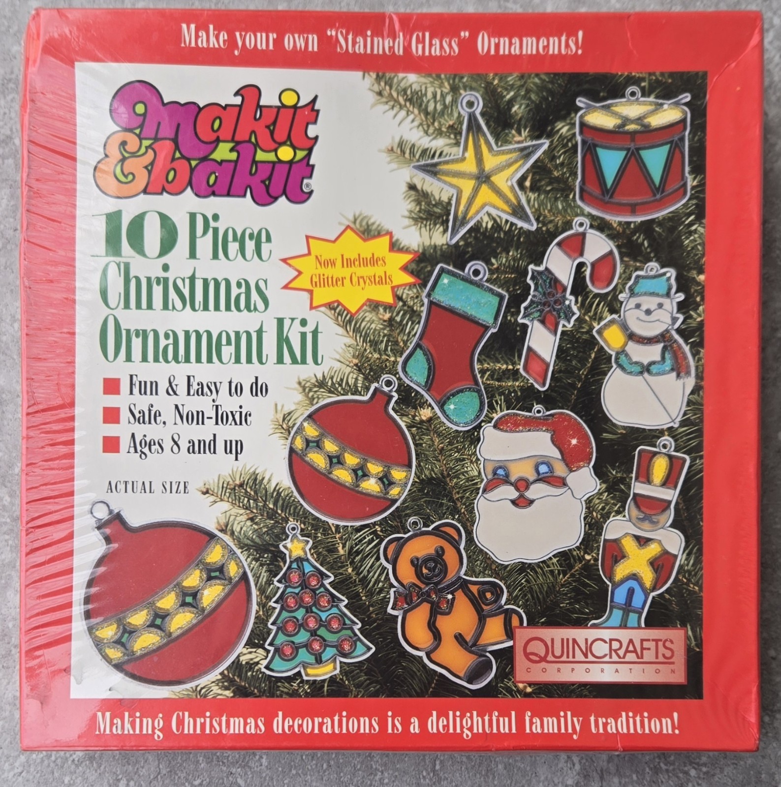 SEALED Vtg Makit & Bakit 10 Stained Glass Christmas Ornament Kit FREE US SHIP