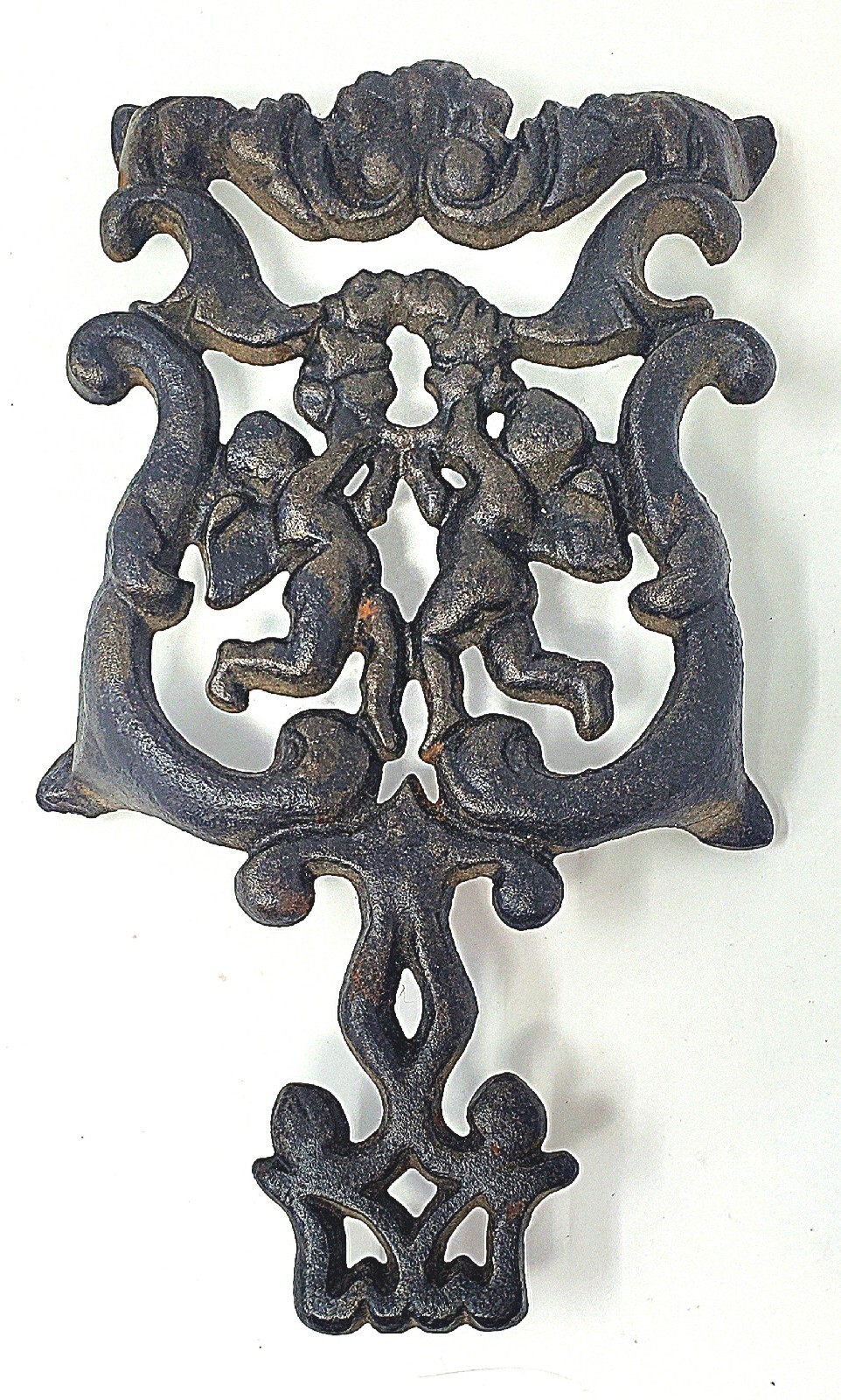 Vintage H Wilton Black Cast Iron Footed Trivet Cherub Angel Filigree Design