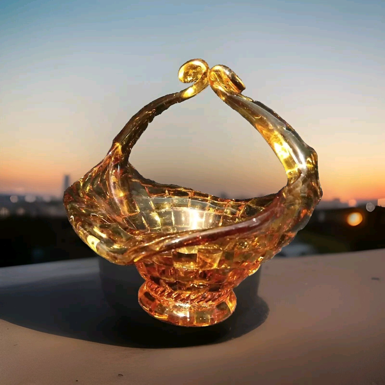 Vintage Amber Glass Basket Weave with Split Hand Blown Handle 5.75\