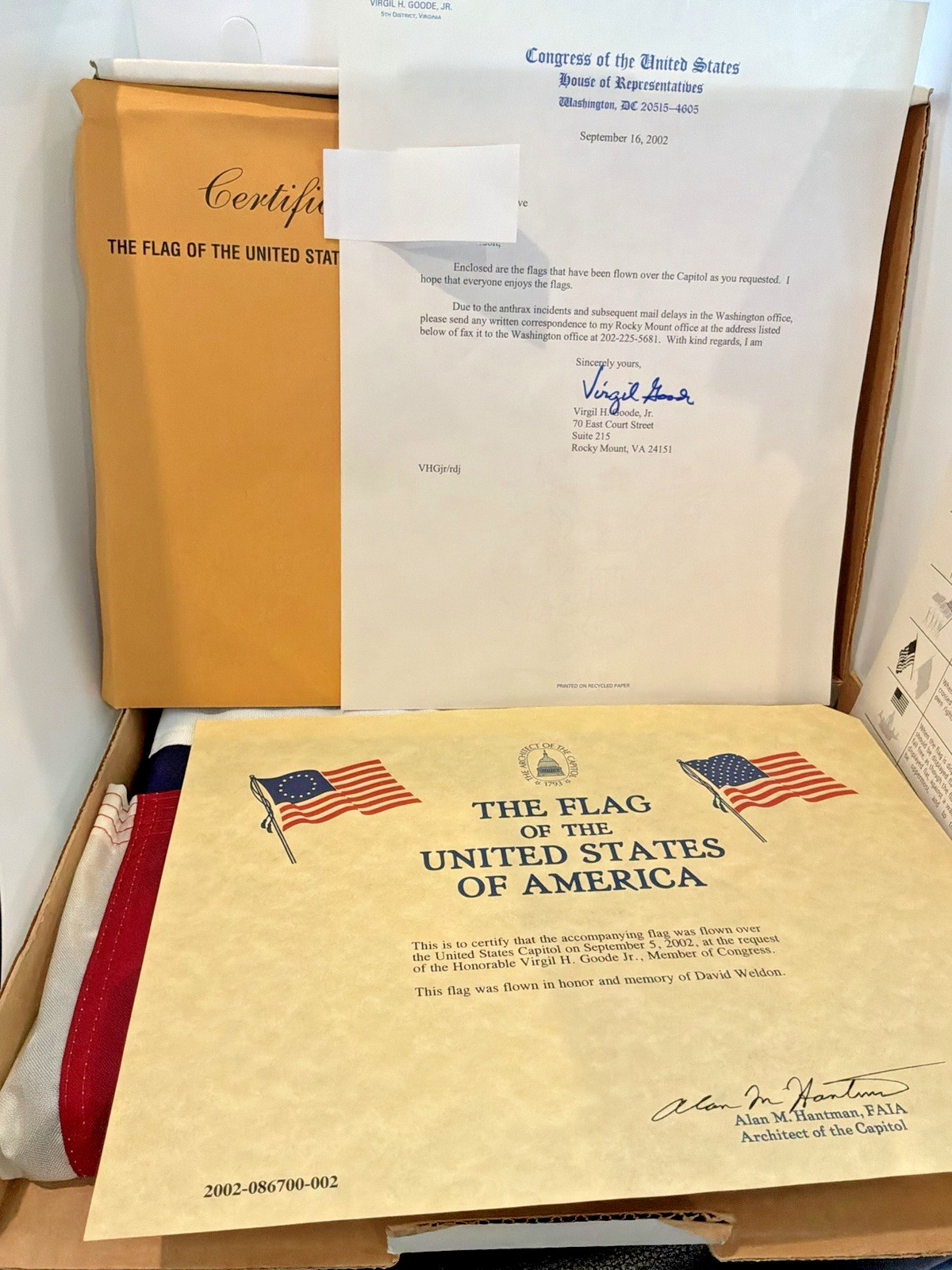 Official US Capitol Flown 3x5 Flag 9/5/2002 COA Letter Complete New Open Box