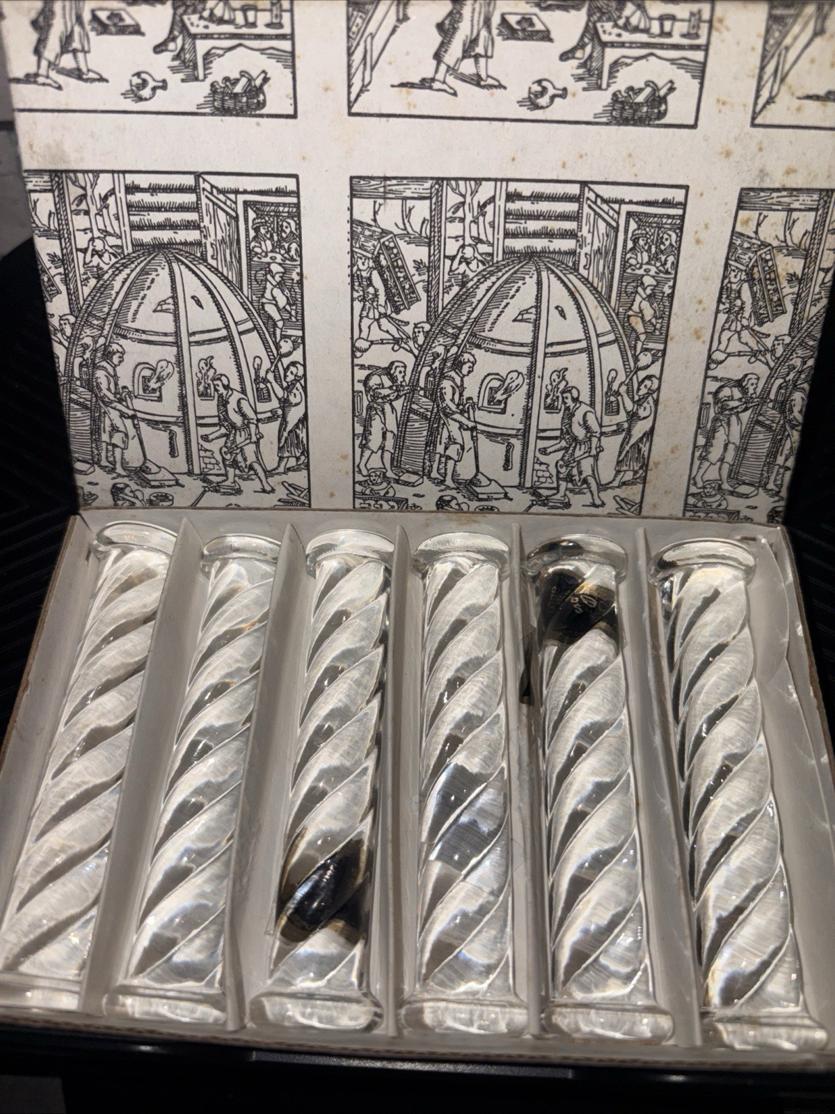 Vintage Set of (6) Crystal Glass Knife Rests by Kestarto - Hungry - Original Box