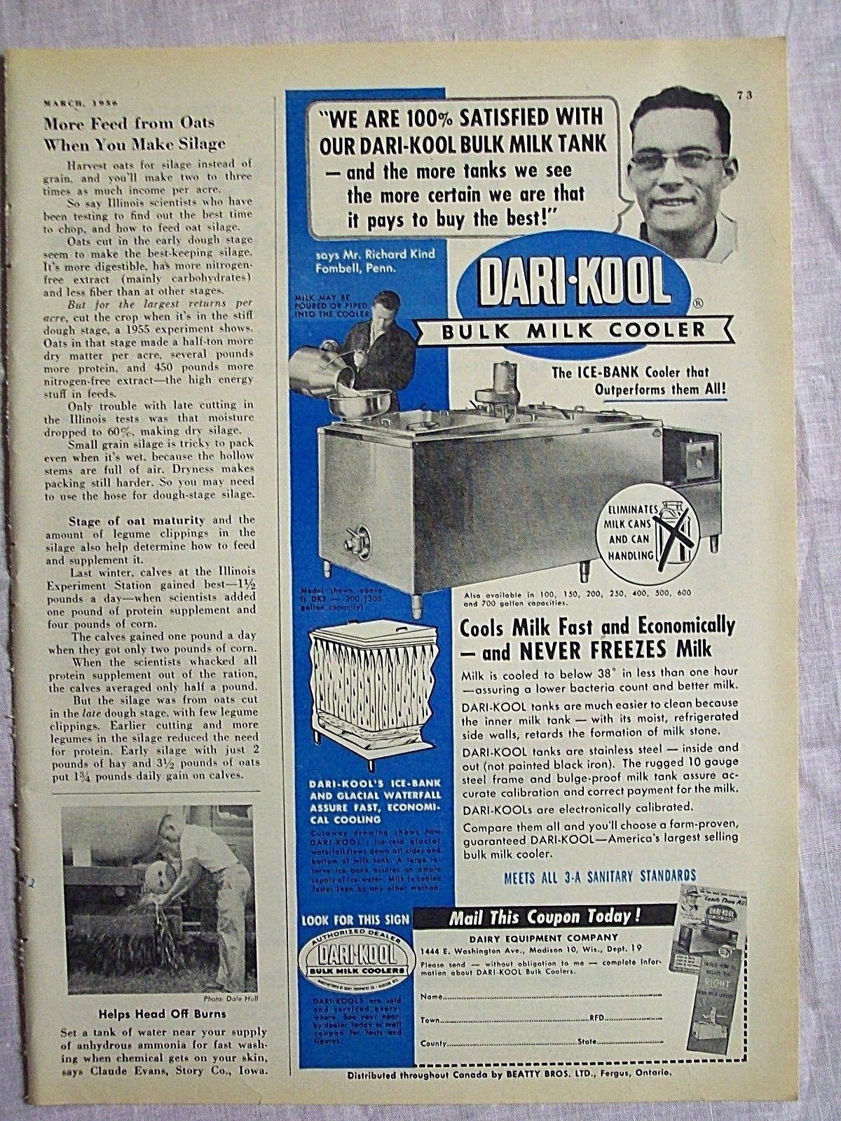 1956 Magazine Advertisement Page Dari-Kool Bulk Milk Cooler Nice Rare Vintage Ad