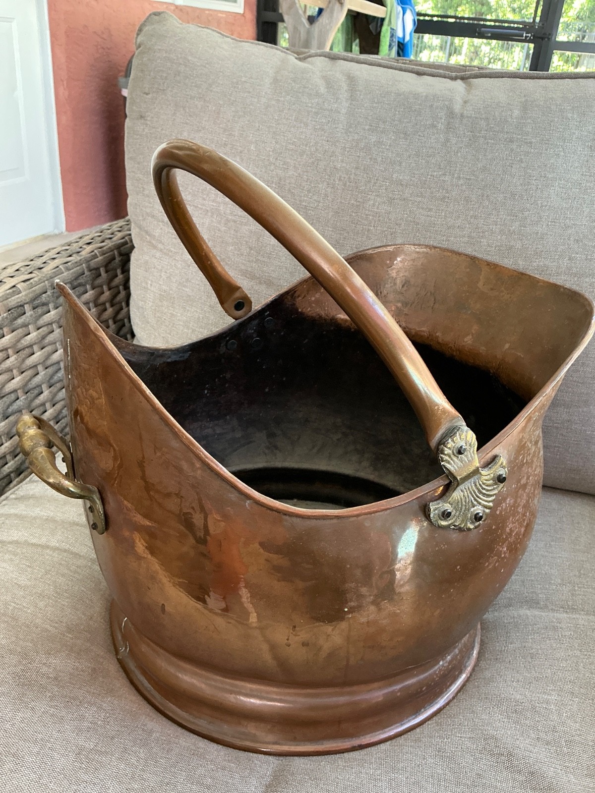 Copper Coal Scuttle Bucket, brass fittings, 80s, approx 11” long & wide, 8” high