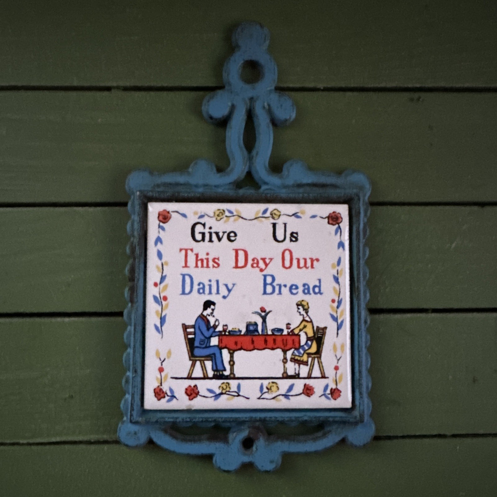 Vtg RARE Daily Bread Cast Iron Wall Hang Trivet Tile Hot Plate Blue Cottagecore