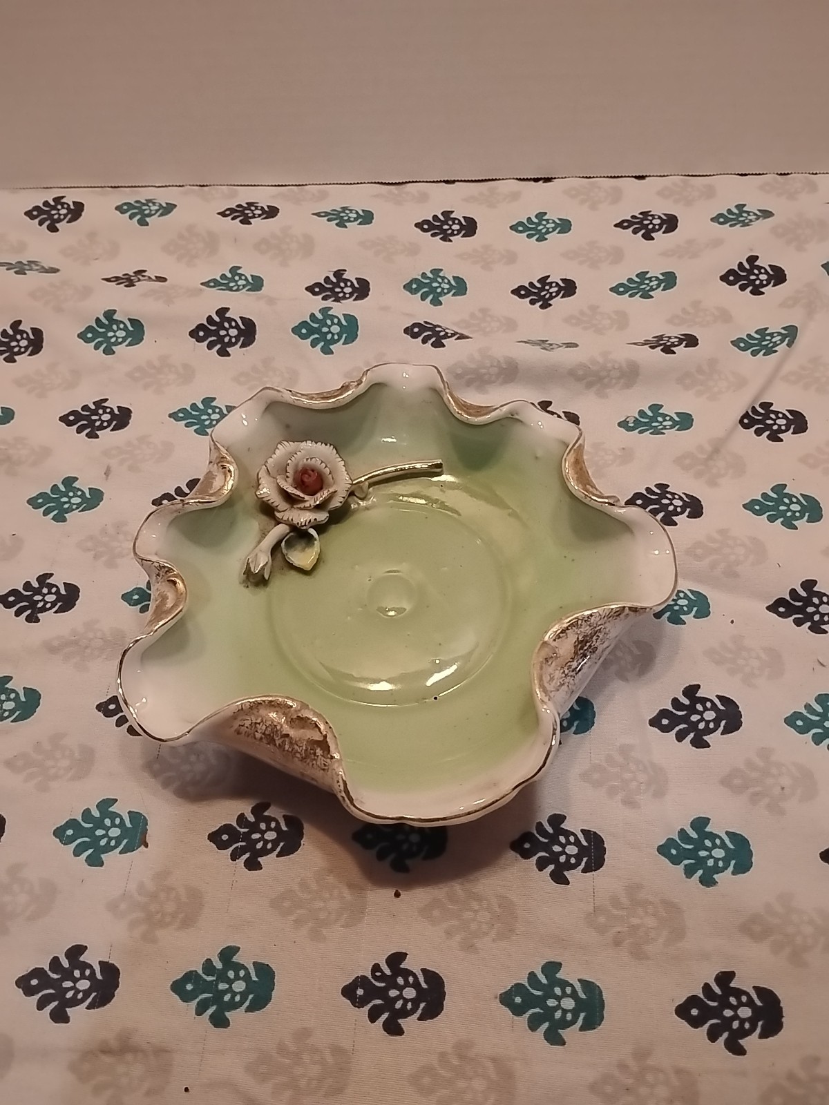 Vintage Hand-painted Porcelain Trinket Dish with A 3D Applied Rose. Gold Trim