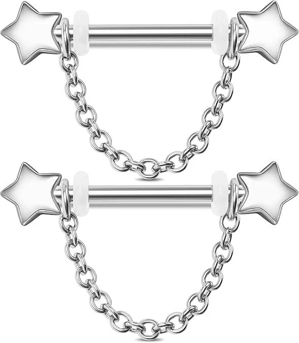 14G Star Nipple Rings Dangle Chain Piercing Jewelry 14K White Gold Over Barbell