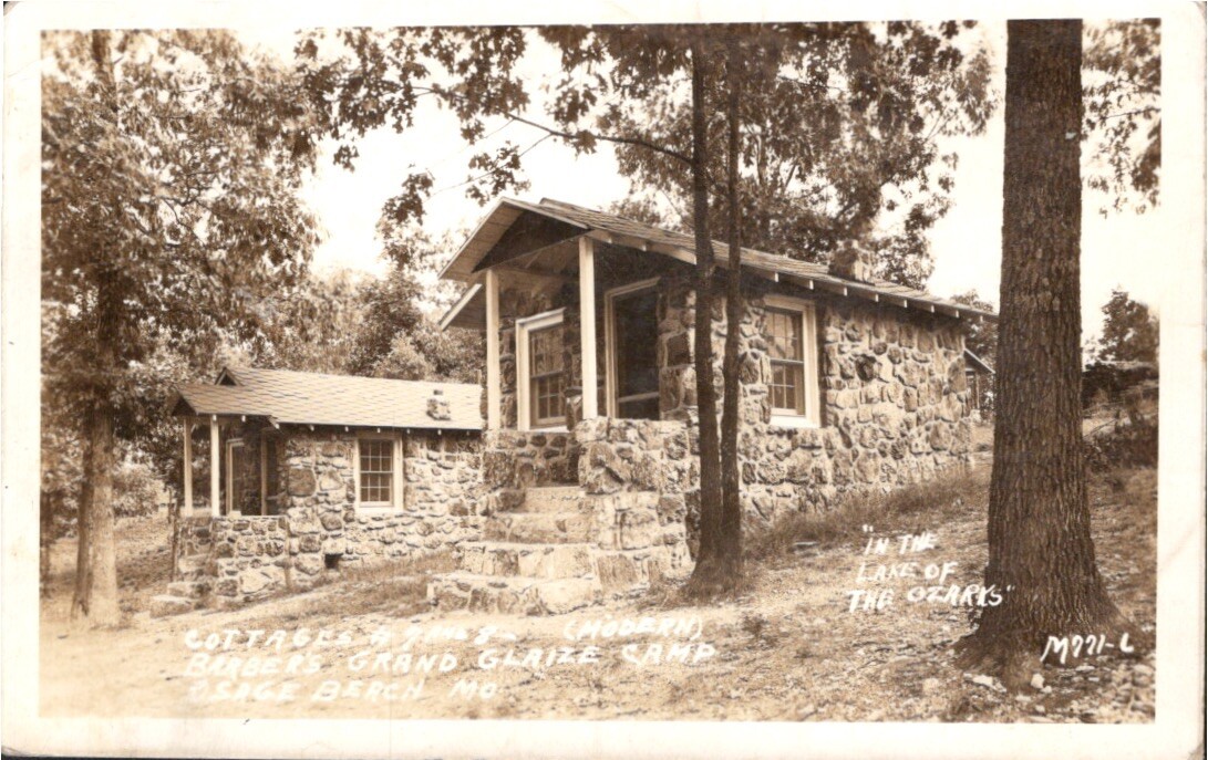 Osage Beach MO~Barber\'s Grand Glaize Camp~Modern Cottage~Swell Time~1940 RPPC