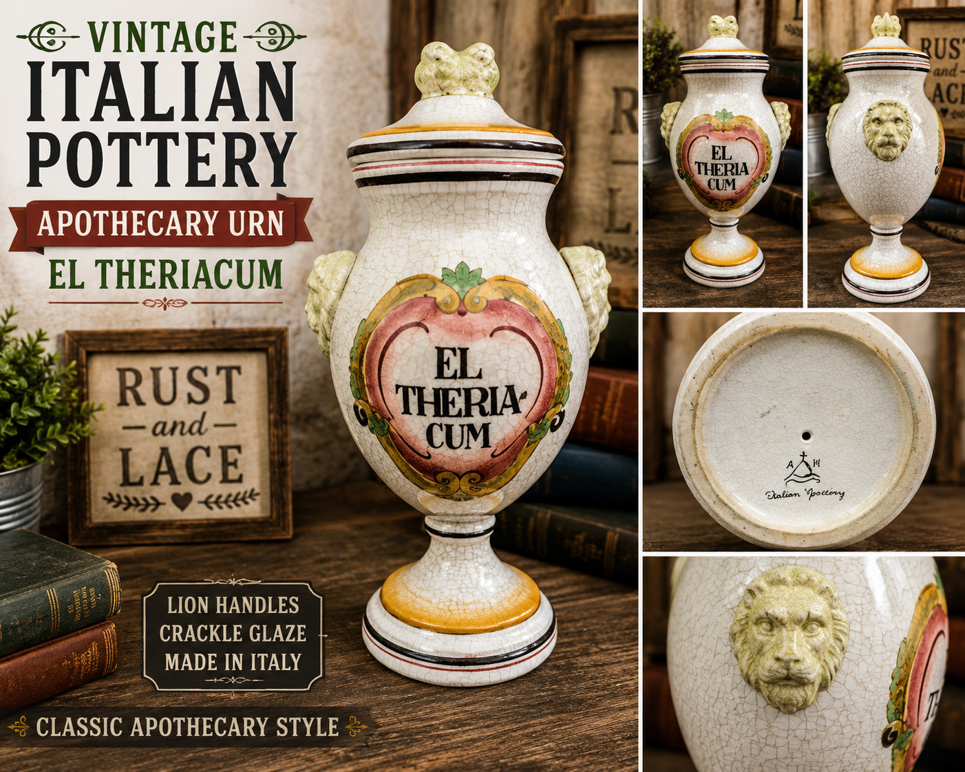 Vintage Italian Pottery Apothecary Urn El Theriacum Lion Handles Signed
