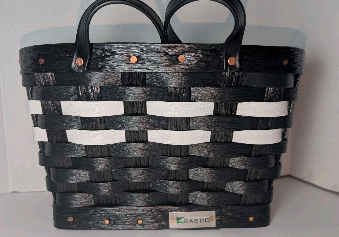 Krasco Hand Crafted/Woven Recycled Basket Handbag Black & White NWT