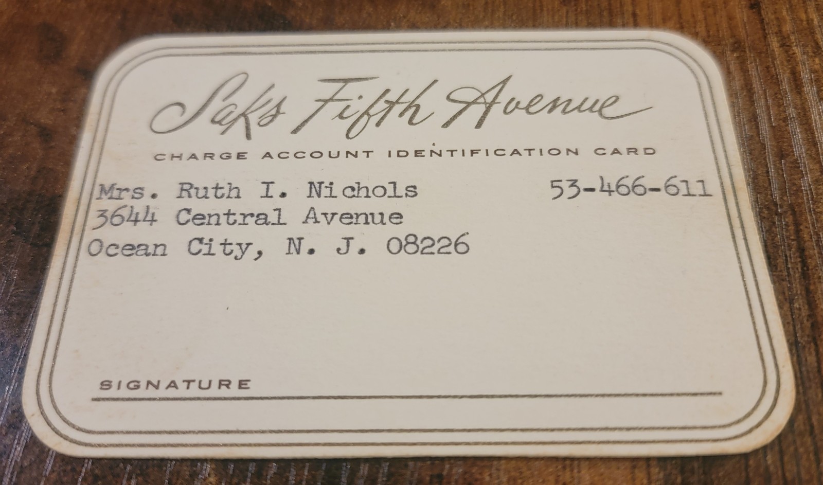 Vintage Saks Fifth Avenue Paper Credit Charge Account Identification Card