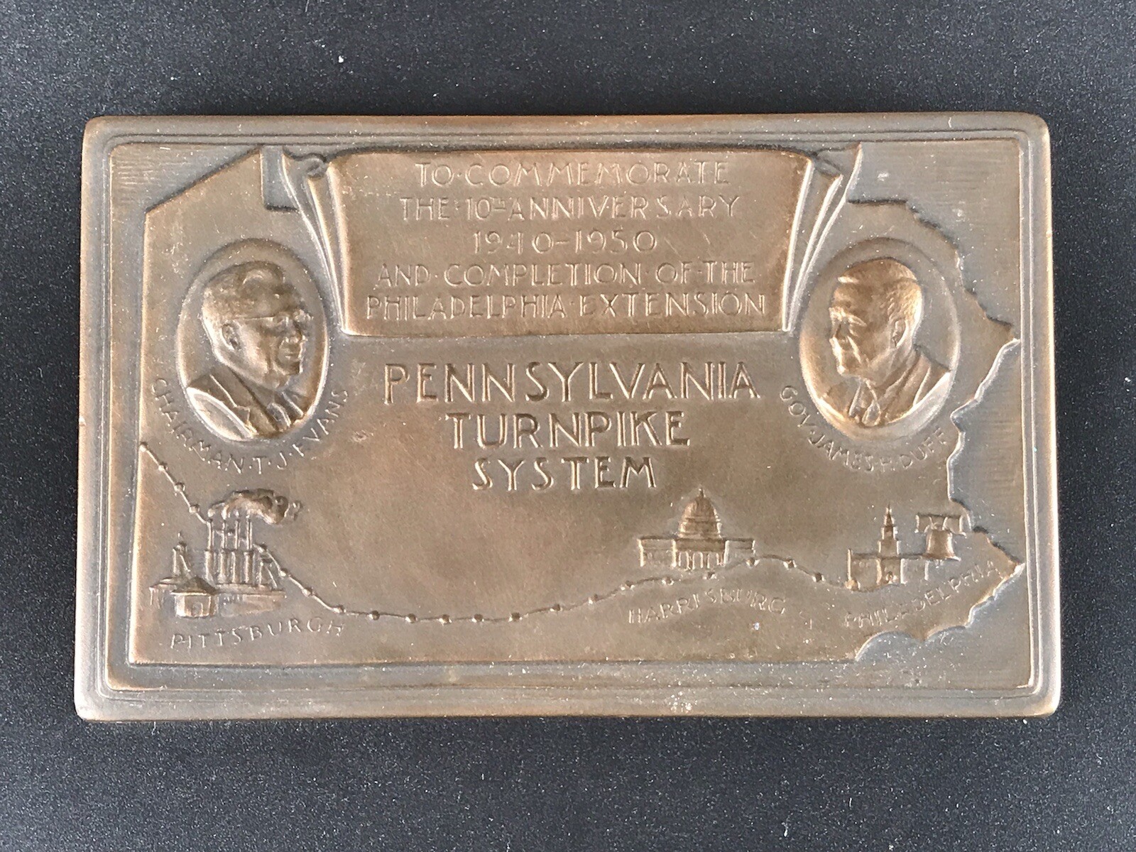 Vintage 1950’s Pennsylvania Turnpike Metal Paperweight Souvenir 10th Anniversary