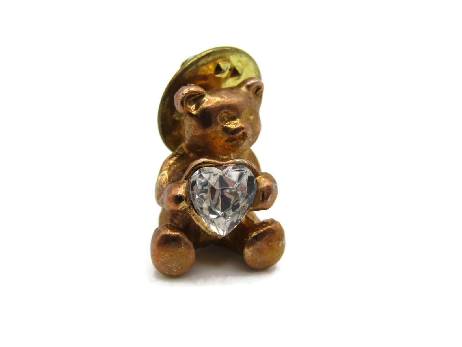 Vintage Teddy Bear Pin Gold Tone Figural Brooch Rhinestone Crystal Heart Lapel