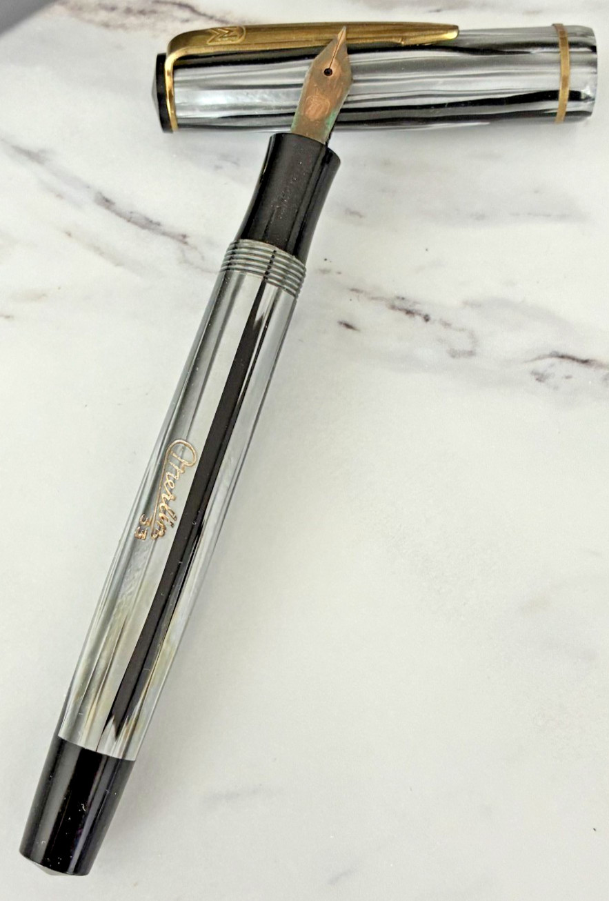 Vintage c1950 Merlin 33 Fountain Pen Celluloid Gray Pinstripe Original 14k Nib