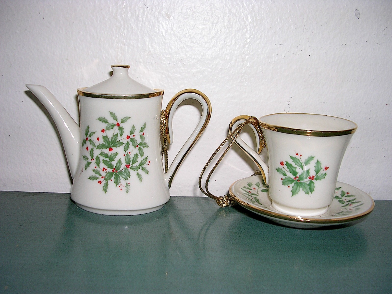 Lot Of 2 Lenox Holiday Teapot, Tea Cup and Saucer Ornaments