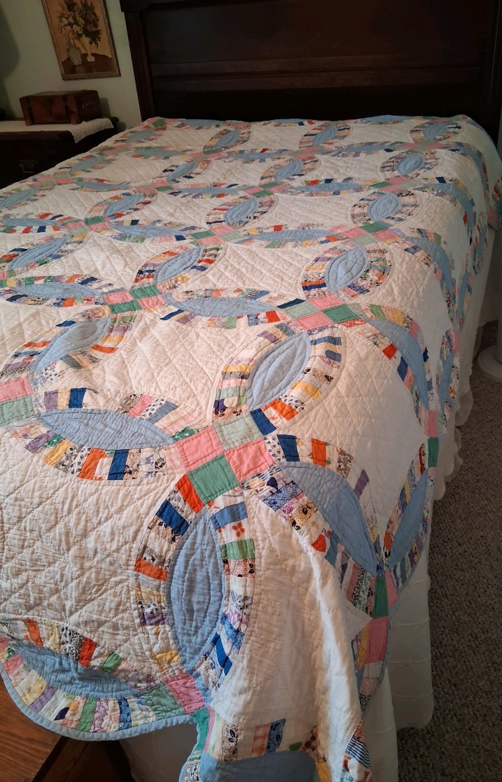 Antique Pristine Feed Sack Double Wedding Ring Quilt Hand Stitched Scalloped 