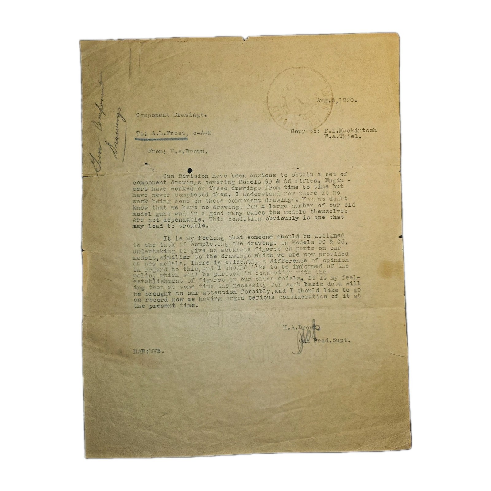 1920 Winchester Internal Memo on Rifle Models 90 & 06 – Gun Production Dept