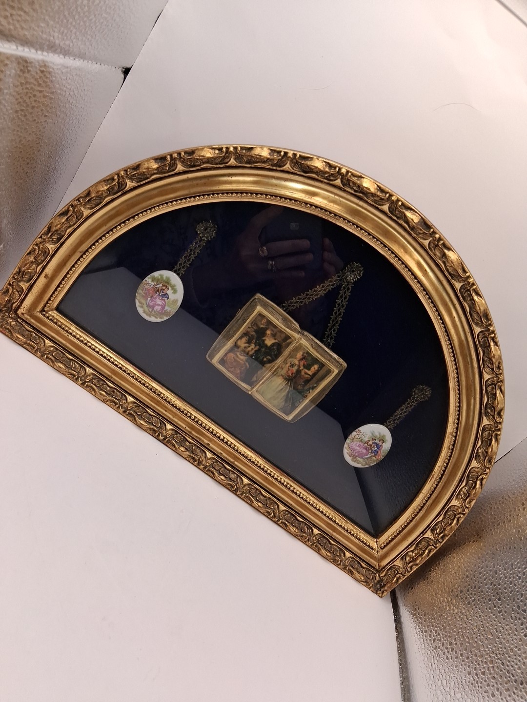 Antiq Rare Uniq Gilded Shadow Box Hd.P. Porcelain Medalions Plaque W Wooden Fram