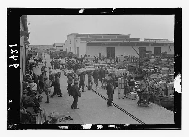 Tel Aviv Israel Harbor 1930s Loading Lighters Orange Boxes Port Workers