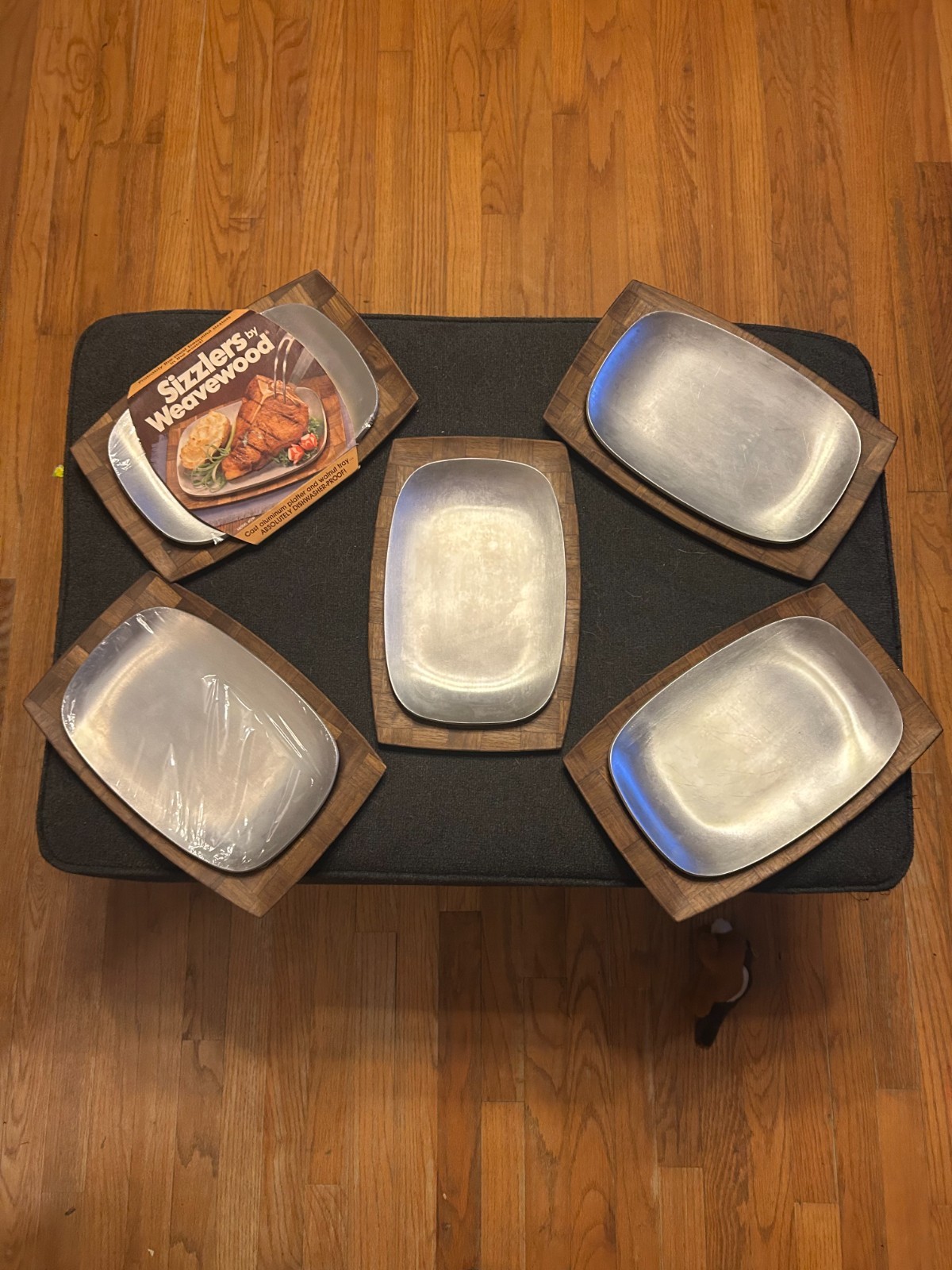 Vintage Weavewood Sizzlers  Cast Aluminum Walnut Trays Lot of 5