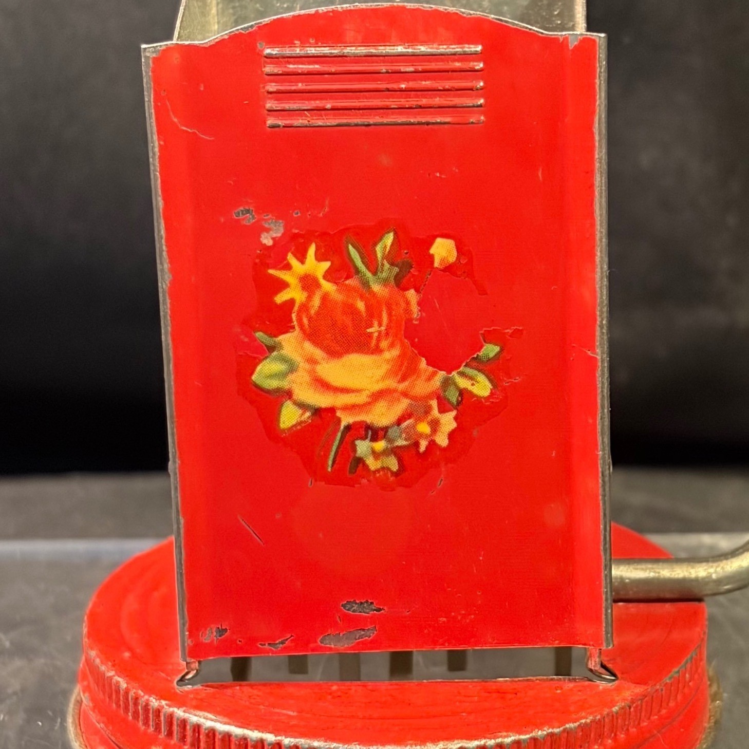 Vintage Red Tin Hand Crank Nut Spice Grinder Floral Rose Mason Jar Lid Top