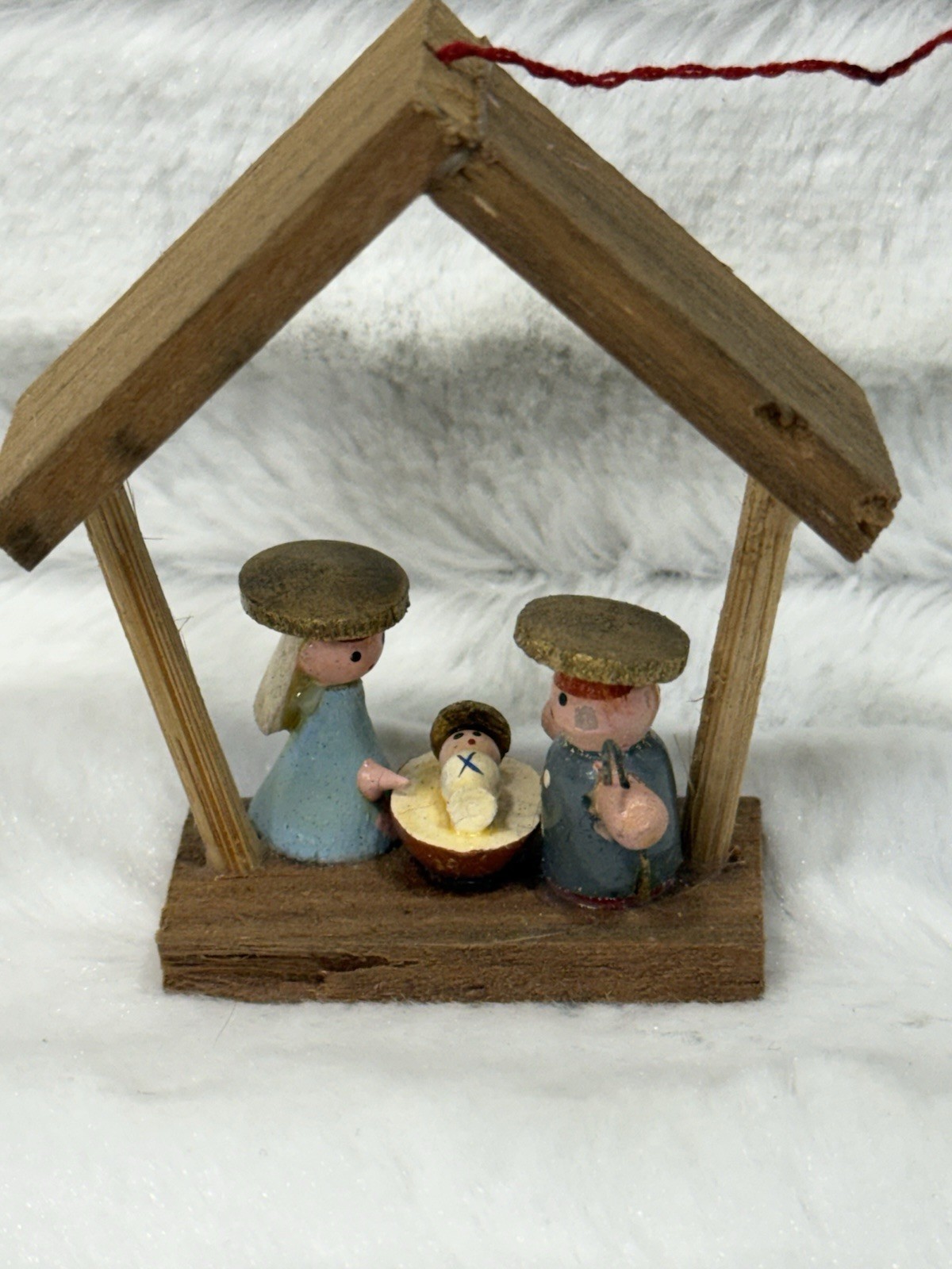 Vintage Miniature Nativity Manger Wooden Christmas Ornament~Hand Painted 3”