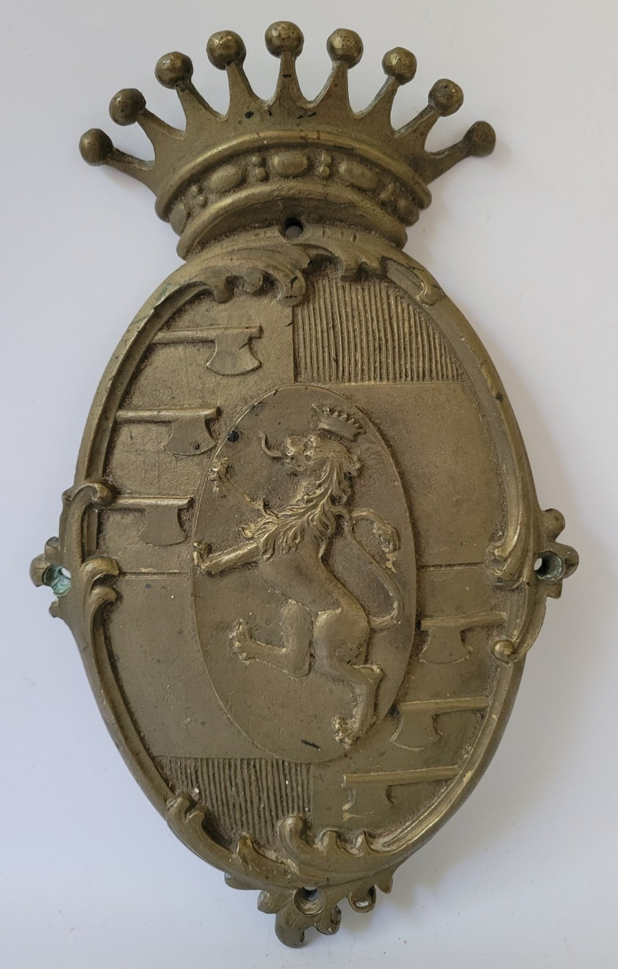 Antique Solid Brass Coat of Arms Crest Shield with Crown Lion & Flags 10 ¾” tall