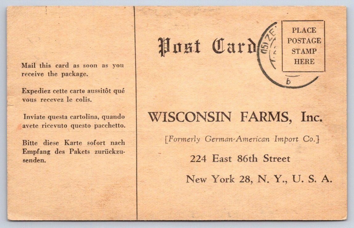 Vintage Wisconsin Farms Inc Package Acknowledgment Postcard 1948