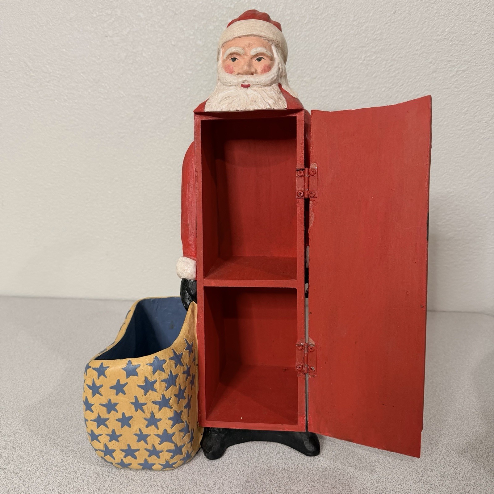 Dept 56 Vtg Santa Carved Wood Figure Christmas Shelf Opens Candy Dish Large