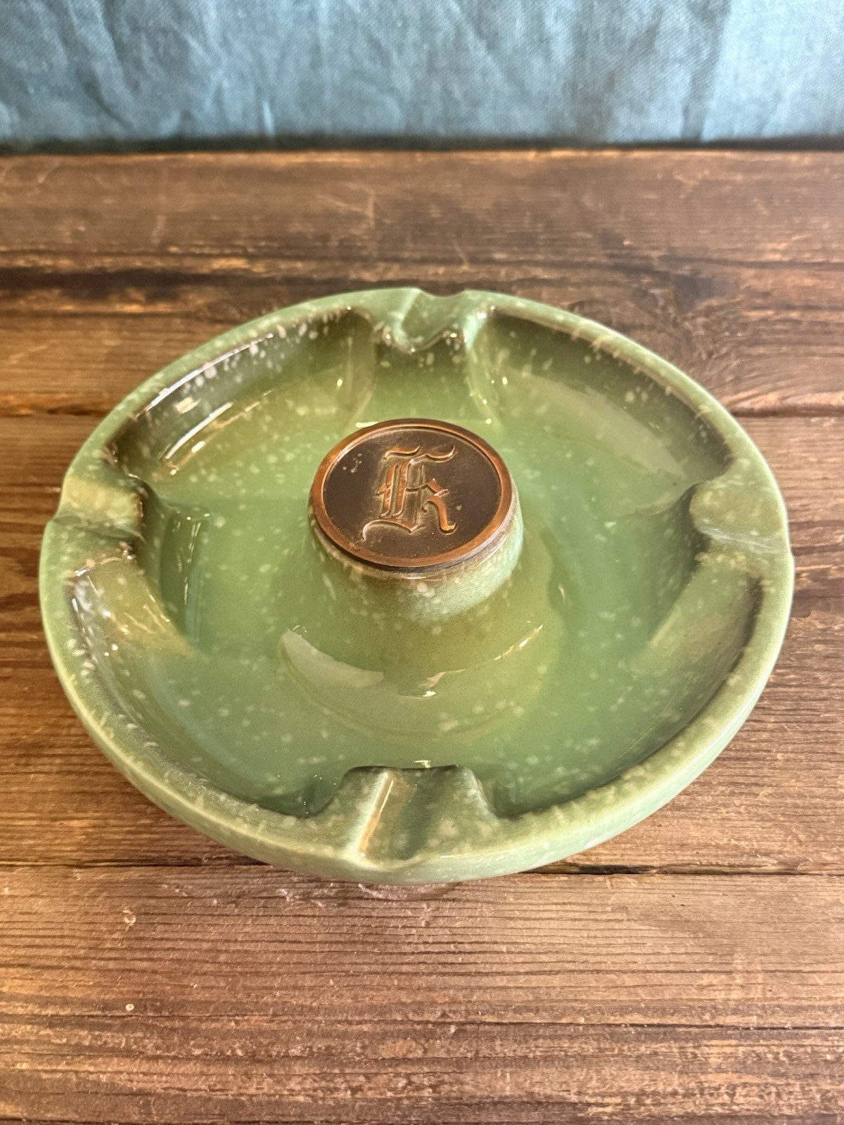 Vintage Hyde Park Hotel Green Glaze Pottery Ashtray w/ Bronze “K” Monogram