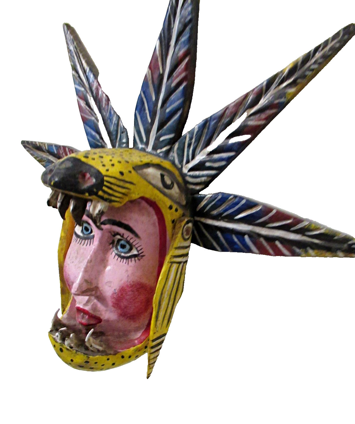 VTG GUERRERO, MX: CARVED WOOD HP WALL MASK: HEAD in JAGUAR JAWS MEXICAN FOLK ART