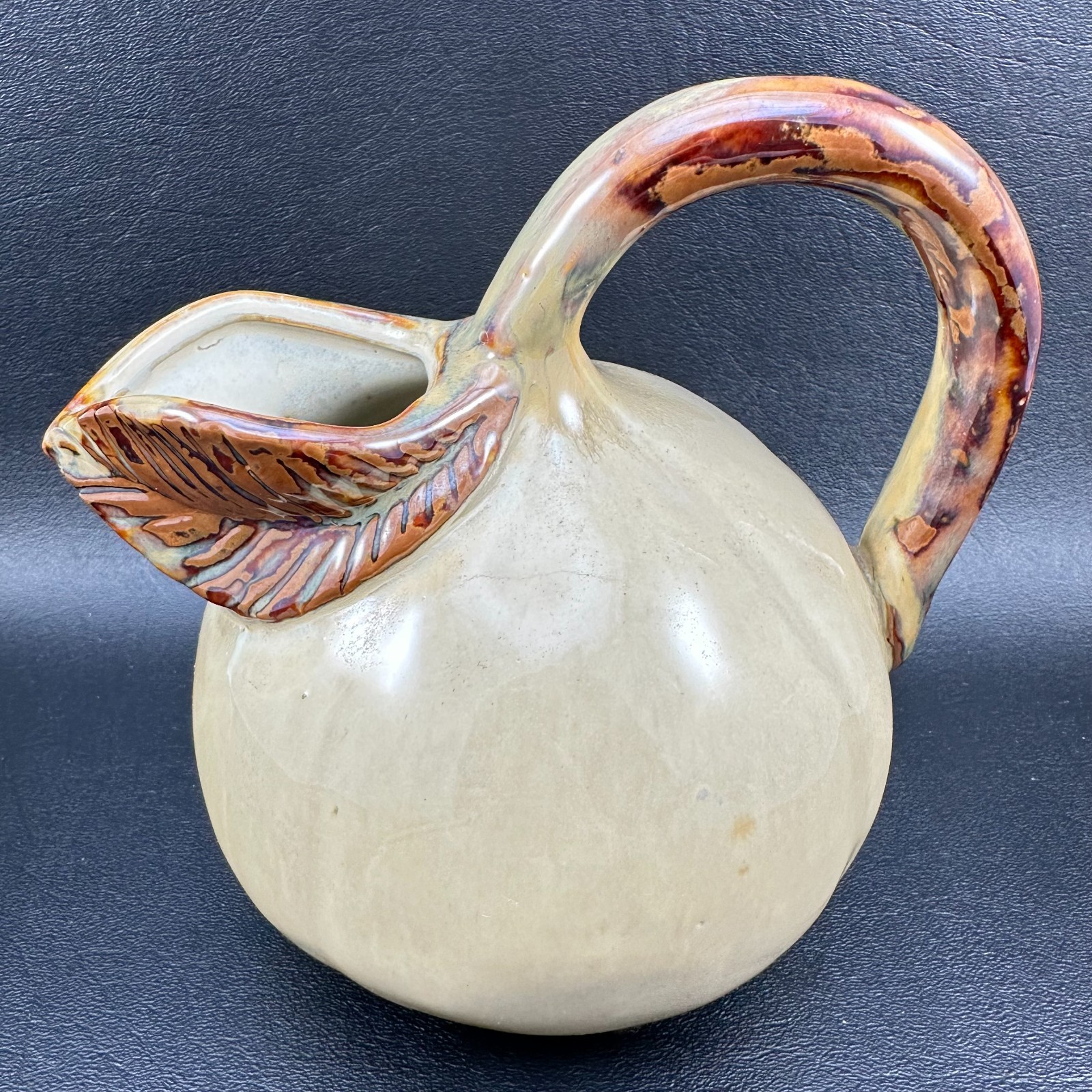 Gourd Pumpkin Pitcher Pottery Leaf Spout Rustic Famhouse Browns Autumn Fall 6.5