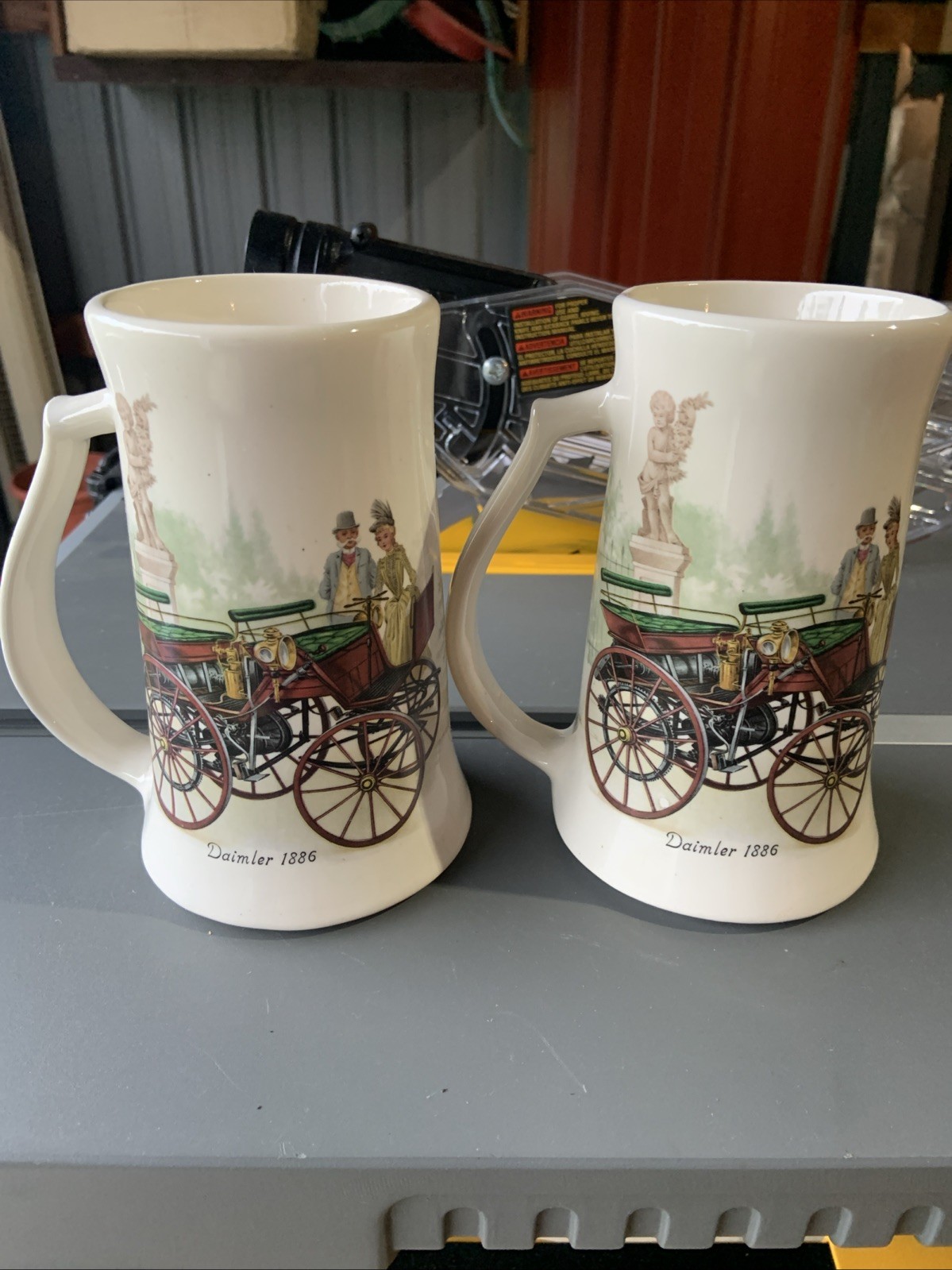 Vintage LOT OF 2 Ceramic Steins Henry Ford USA Daimler 1886 Antique Wagon
