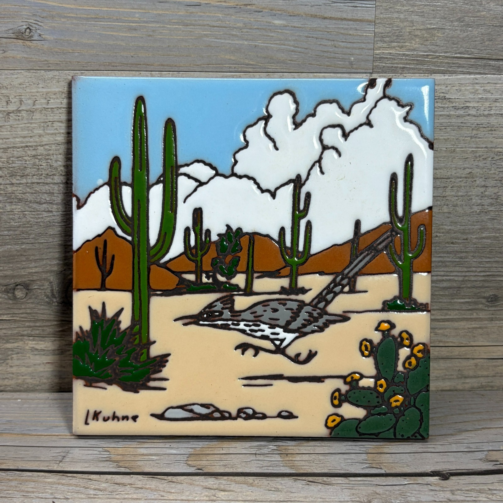 Vintage Art Tile Trivet L. Kuhne Roadrunner Desert Southwest Earthtones 6\